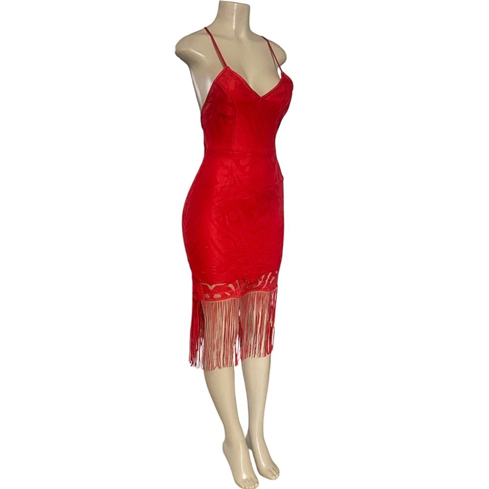 Stunning Fringe Hem Lace Spaghetti Cross Strap Lace Up Backless Bodycon Dress S - Picture 8 of 8